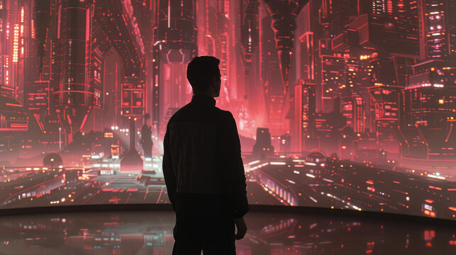 A man stands silhouetted in front of a large projection screen displaying a futuristic cityscape