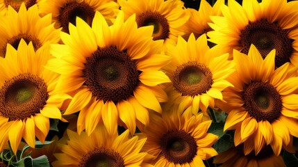 Obraz premium Beautiful field of blooming sunflowers against blurry sunset golden light. Summer sunflower flower background banner.