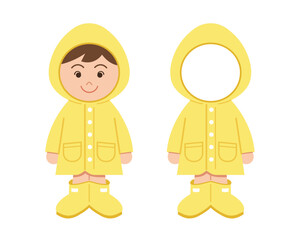 A kid is wearing yellow raincoat and rain boots. A kid face frame for putting photo in. Cartoon style vector illustration.