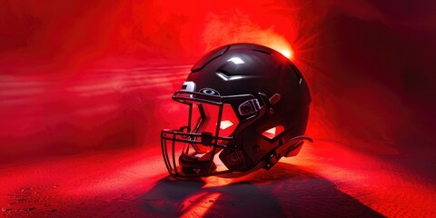 Fototapeta premium Metallic nfl helmet floating center frame under red spotlight, harsh red edge backlighting