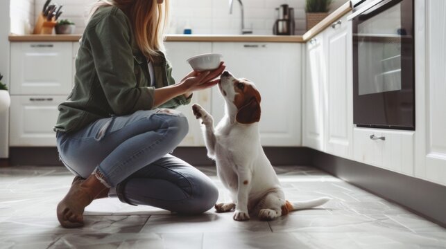 The woman feeding dog
