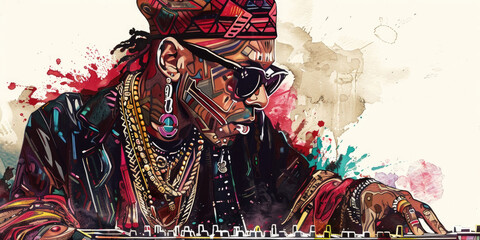 A colorful illustration of a DJ performing in a studio