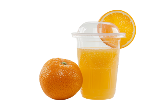 Fresh orange juice in a plastic cup with lid, whole orange and slice on the side. Isolated on white background. Refreshing and healthy drink.