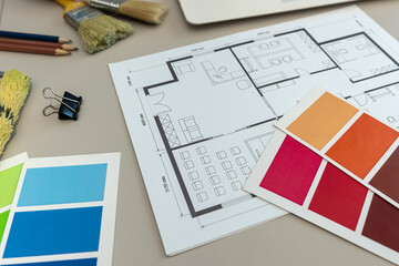 color palette guide catalog with colour swatches with home floor plans, building blueprint projects