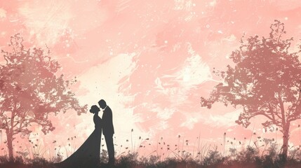 Minimalist Wedding Silhouette - Elegant Bridal Couple - Soft Pink Romance