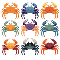 Nine colorful crabs illustrated various hues, crab two claws staring eyes. Crustaceanthemed artwork arranged three rows three columns. Set crabs designed different color schemes against white