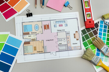 color palette guide catalog with colour swatches with home floor plans, building blueprint projects