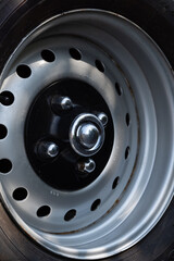 Industrial Strength: Closeup of Heavy-Duty Truck Wheel and Tire Rim