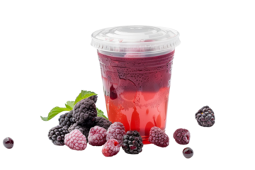 Delicious mixed berry juice in a clear plastic cup with fresh berries. Perfect for healthy refreshment and vibrant summer treats.