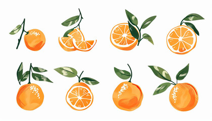 Simple, clear, artisanal stencil print style illustration of orange clementines with leaves isolated on white background. Stencilled graphic design, modern, minimalist, trendy, product