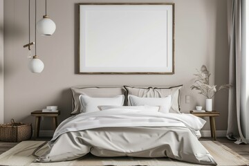 Mockup poster frame in luxury bedroom interior, 3d render, Ash background