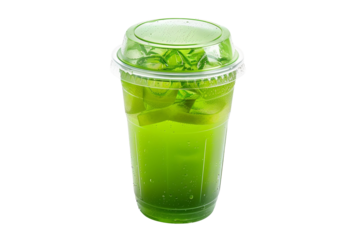 Refreshing green beverage in clear plastic cup with ice cubes, isolated on white background. Perfect for summer and drinks category.