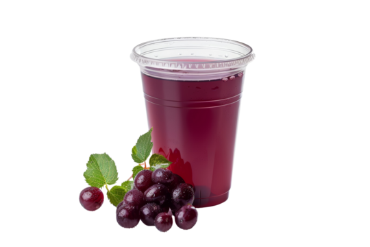 Refreshing grape juice in a plastic cup with fresh grapes and mint leaves, perfect for a healthy drink concept.