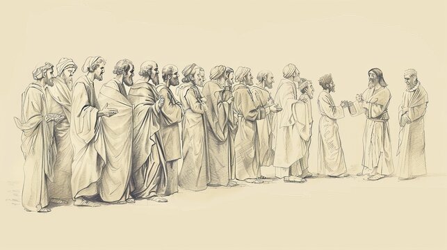 Biblical Illustration of the Parable of the Wedding Feast: King Inviting Guests, Beige Background, Copyspace
