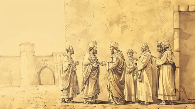 The Parable of the Wedding Banquet: King Inviting Unexpected Guests, Biblical Illustration, Beige Background, Copyspace for Inspirational Messages