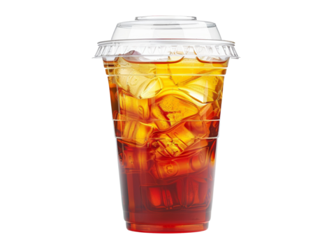 Refreshing iced tea in a clear plastic cup with ice cubes, perfect for a hot day or a quick, cool beverage on the go.
