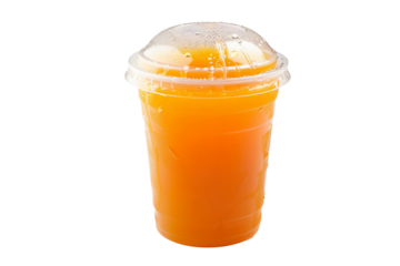 Refreshing orange juice in a plastic cup with a lid isolated on a white background, perfect for summer or healthy drinks advertising.