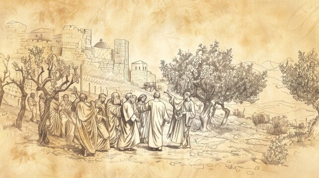 Biblical Illustration of the Parable of the Tenants: Tenants Abusing and Killing the Owner&rsquo;s Servants and Son, Beige Background, Copyspace