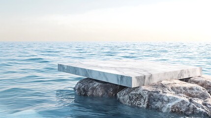 Naklejka premium Marble Slab Resting on Rocks by Tranquil Ocean with Clear Blue Water, podium for product display