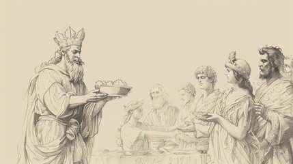 Fototapeta premium Biblical Illustration of the Parable of the Wedding Feast: King Inviting Guests to Son’s Wedding, Beige Background, Copyspace