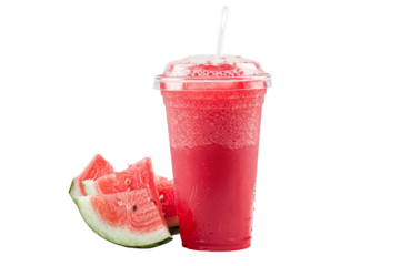 Refreshing cold watermelon smoothie in a clear cup with straw, accompanied by fresh watermelon slices, isolated on white background.