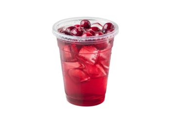 Refreshing cranberry juice with ice cubes in a clear plastic cup. Perfect for a cool, tasty beverage on a hot day.