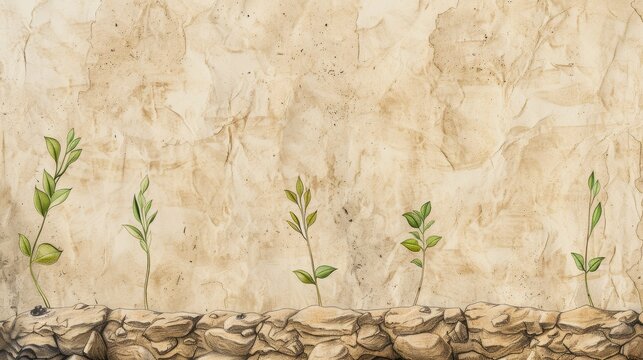 Depiction of the Parable of the Sower: Seeds Falling on Rocky Ground and Sprouting Quickly, Biblical Illustration, Beige Background, Copyspace