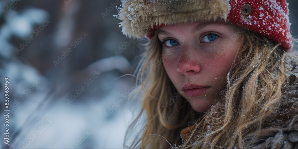 Canvas Prints A young woman with blonde hair and a red hat is standing in the snow. She has a red nose and is looking at the camera