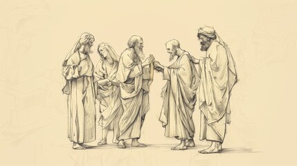 Fototapeta premium Biblical Illustration of the Parable of the Talents, Master Entrusting Money on Beige Background with Copyspace