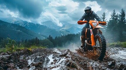 Extreme sport orange dirt bike riding on a rugged terrain, splashing through wet and muddy path