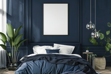 Mockup poster frame in luxury bedroom interior, 3d render, Navy Blue background