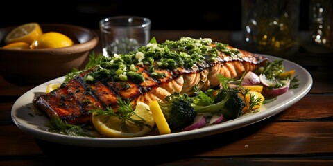Digital Format Image of Grilled Salmon with Veggies and Herb Sauce. Concept Food Photography, Grilled Salmon, Veggies, Herb Sauce, Digital Format Image