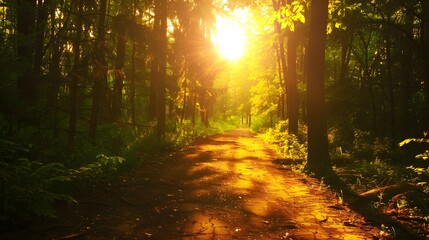 Obraz premium A forest trail with sunlight streaming through the trees, summer hike, peaceful nature, beauty, adventure,