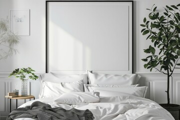  Mockup poster frame in luxury bedroom interior, 3d render, Silver background