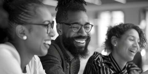 Fototapeta premium Three people are smiling and laughing together. The man has a beard and is wearing glasses. The woman on the left is wearing a white shirt and the woman on the right is wearing a black