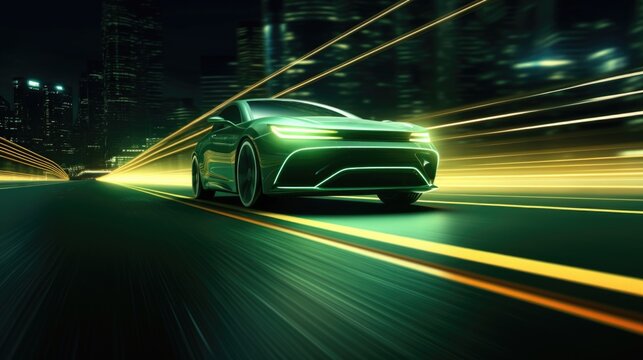 A car is driving down a road with a bright green color. The car is surrounded by a bright light that is creating a sense of motion and speed. The image conveys a feeling of excitement and energy