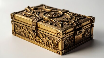 Antique Golden box with a lock isolated on white background