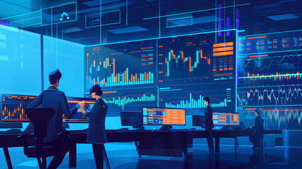 Traders Analyzing Real-Time Data on an AI-Driven Financial Trading Platform in a High-Tech Office Setting