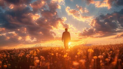 A man walks from far away on the Drama sky and cloud sunbeam of sunset