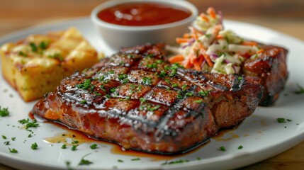 BBQ pork steak with a tangy sauce, accompanied by coleslaw and cornbread
