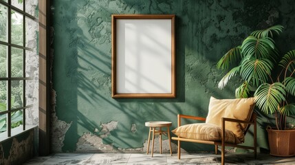 A blank picture frame hangs on a green wall in a room with a chair, a plant, and a small side table. Sunlight streams in from a window, casting shadows on the wall