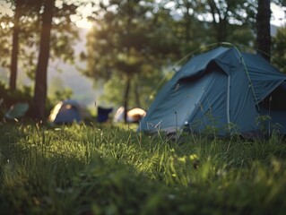 A group of tents are set up in a grassy field