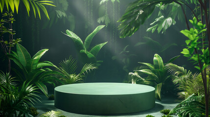 Vibrant Jungle Plants Surrounding a Green Round Platform in a Serene Forest Setting, podium