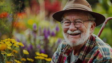 Happy elderly man with walking stick and smiling senior people relaxing in the garden