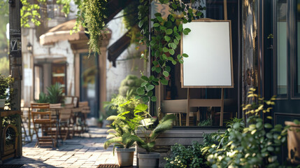 A white board is on the side of a building with a green plant in front of it. The board is empty, but it could be used for advertising or displaying information - Powered by Adobe