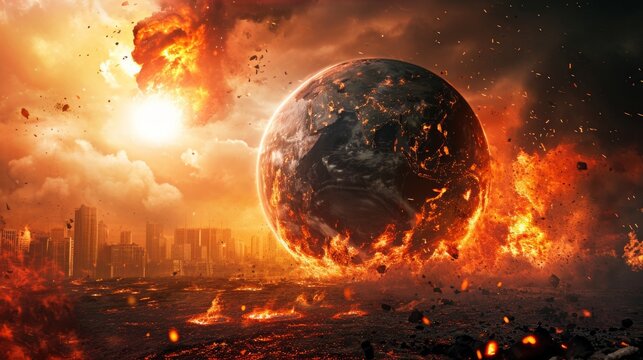 Burning Earth globe, end of the world, complete destruction of planet due to global warming, burning earth damage.
