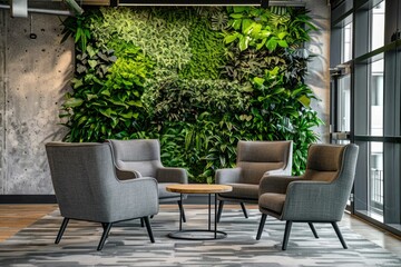  Modern eco-friendly office space featuring a lush living green wall, designed to promote employee wellness.