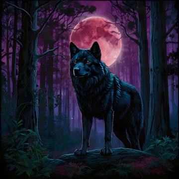 A hyper-realistic masterpiece brings a black alpha wolf to life. Its powerful form exudes an air of majesty, accentuated by its sleek black fur. Fiery red eyes pierce through the darkness, creating a 