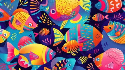 Naklejka premium Colorful fish pattern with playful shapes and vibrant background hues --ar 16:9 Job ID: c969dcb4-2bce-43a3-b7c9-2e315cd88853