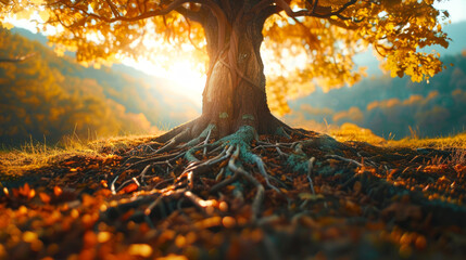 Golden hour tree with sunlight and roots